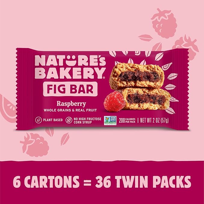 Nature’s Bakery Whole Wheat Fig Bars, Raspberry, Real Fruit, Vegan, Non-GMO, Snack bar, 6 Count (Pack of 6)