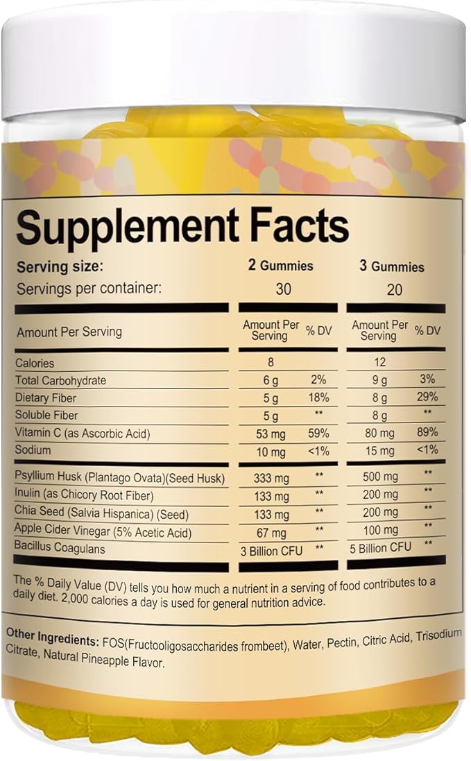 9-in-1 Probiotic Prebiotic Fiber Gummies for Adults & Teens, Fiber Supplement Pro with 5 Billion CFU Bacillus Coagulans, Psyllium Husk, FOS, Inulin, ACV for Digestion & Gut, 60 Vegan Pineapple Gummies