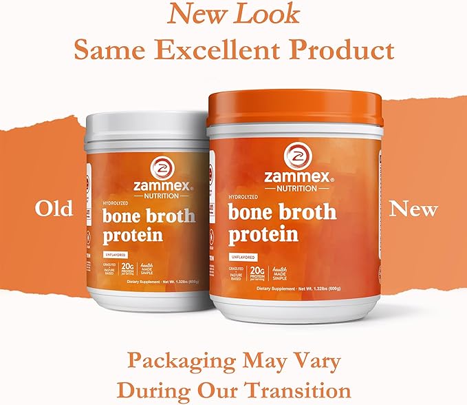 Zammex Pure Grass Fed Beef Bone Broth Protein Powder, 20g Protein, Hydrolyzed Collagen Supplement for Healthy Skin, Nails, Hair, Joints, Non-GMO, Gluten Free, Paleo & Keto Friendly, Great in Soup