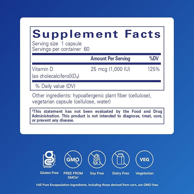 Pure Encapsulations Vitamin D3 25 mcg (1,000 IU) - Supplement to Support Bone, Joint, Breast, Heart, Colon & Immune Health* - with Premium Vitamin D - 60 Capsules
