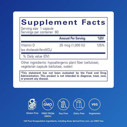 Pure Encapsulations Vitamin D3 25 mcg (1,000 IU) - Supplement to Support Bone, Joint, Breast, Heart, Colon & Immune Health* - with Premium Vitamin D - 60 Capsules