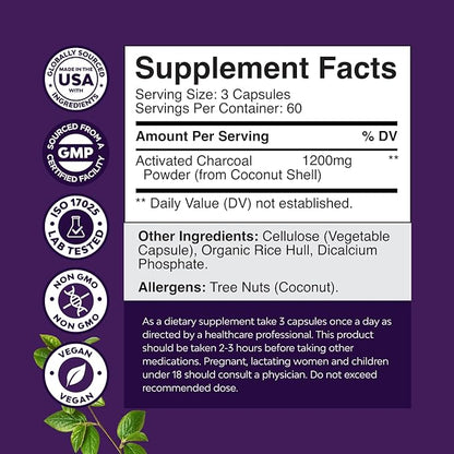 Natures Craft Activated Charcoal Pills Detox & Cleanse - Purifying Coconut Capsules with 1200 mg Per Serving for Bloating Relief - Active Detox Supplement for Body & Gut Health -180 Count
