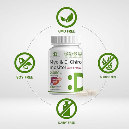 Myo-Inositol & D-Chiro Inositol Supplement for Women (40:1) | 2,050mg Per Serving | 240 Veggie Capsules | with Folate, Vitamin D3 & Vitex | Hormonal Balance & Cycle Support | Non-GMO