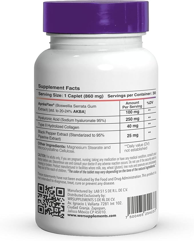 Boswellia Serrata AprèsFlex® Advanced Joint Support – BSW-51 with Hyaluronic Acid, Type II Collagen & Piperine – 30 Capsules, 860 mg Each – Supports Mobility, Flexibility & Cartilage Health
