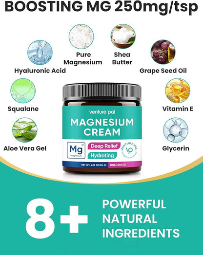 Venture Pal Topical Magnesium Cream, Fast-Absorbing Magnesium Moisturizing Lotion with Coconut Oil, Shea Butter & Hyaluronic Acid, Suitable for Kids
