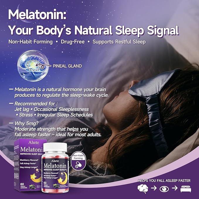 Melatonin 5mg Gummies for Adults, Raspberry Flavor Sleep Aid, Sugar-Free, 60 Gummies, 60 Days Supply