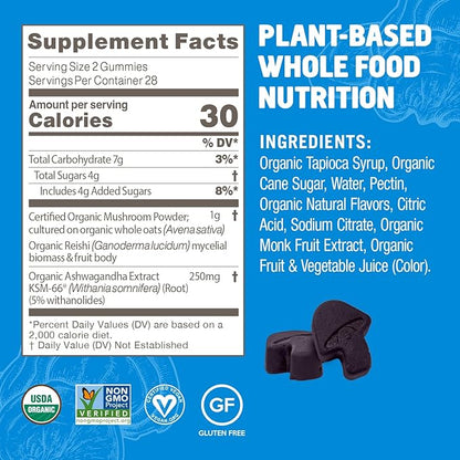 OM MUSHROOM SUPERFOOD Relax Gummies – USA Grown Organic Reishi & Ashwagandha – Supports Stress Relief, Relaxation & Mood Support – Blueberry Flavor – 28 Servings, 56 Count.
