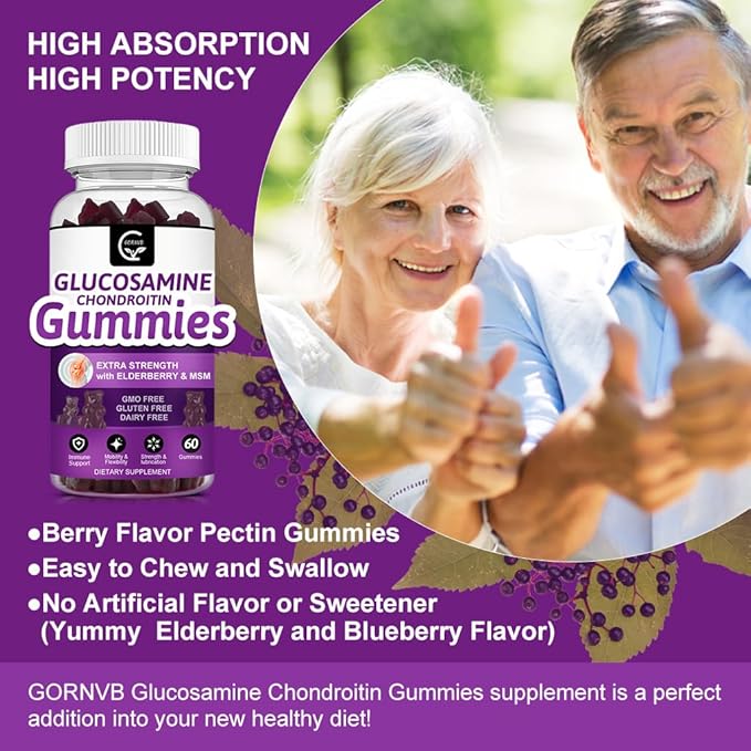 GORNVB Glucosamine Chondroitin Gummies with MSM & Elderberry Extra Strength - Flexibility Support, Antioxidant Immune Support Supplement for Adults, Men & Women - 60 Chondroitin Gummies (2 Pack)