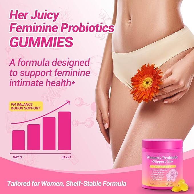 Her Juicy Feminine Probiotics Gummies, Premium Feminine Balance Gummies with Slippery Elm for Women's pH Balance, Healthy Odor, Flora and Immune Support – 90-Day Supply