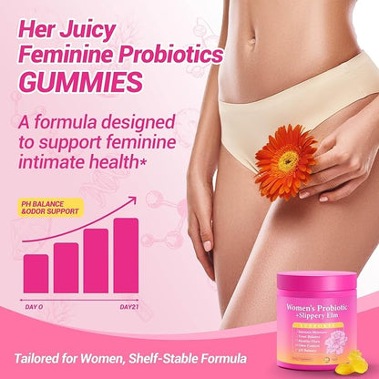 Her Juicy Feminine Probiotics Gummies, Premium Feminine Balance Gummies with Slippery Elm for Women's pH Balance, Healthy Odor, Flora and Immune Support – 90-Day Supply