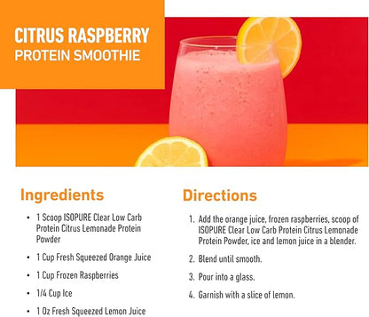 Isopure Clear Whey Isolate Protein Powder, Lactose Free, Gluten Free, Naturally Flavored, Citrus Lemonade, 20g Protein Per Serving, 1.9 Lb, 36 Servings (Packaging May Vary)