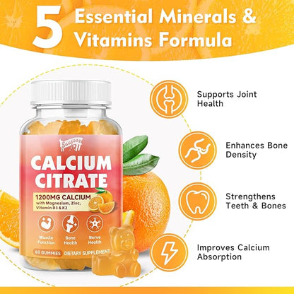 Calcium Citrate Gummies 1200 mg with Vitamin D3, K2, Magnesium, Zinc, Bone Support for Bones, Muscles & Joints,Immunity & Memory Support, 60 Count