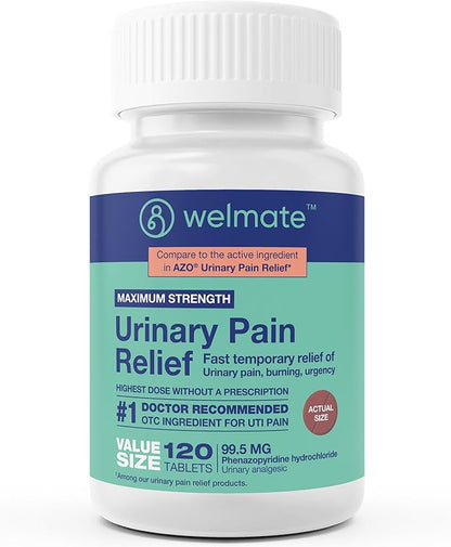 WELMATE Urinary Pain UTI Relief Maximum Strength (Phenazopyridine HCL) - Improve Urinary Tract Health & Bladder Control, Urgency, & Discomfort | Over-The-Counter Medication for Men & Women (120 Pills)