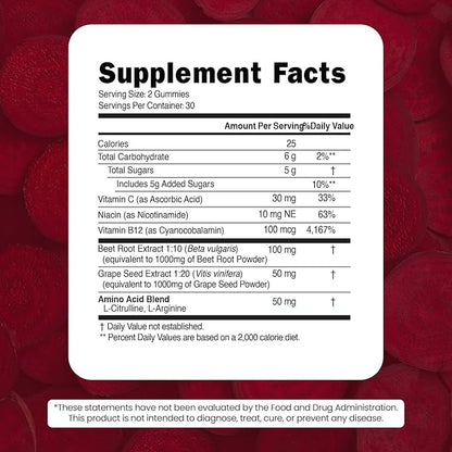 Beet Root Gummies - Super Nitric Oxide Beets Supplement - Red Beetroot Heart Chews with Grape Seed Power & B12- Pomegranate Flavor, 60 Chewables Beets
