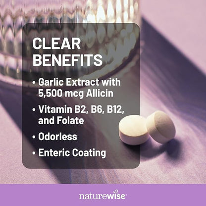 NatureWise Garlic Extract 5,500 mcg Allicin Supplement - Healthy Cholesterol & Blood Pressure Formula + Vitamins B & C - Vegan Tablets w/Enteric Coating, Non-GMO, Gluten-Free, 60 Count [30-Day Supply]