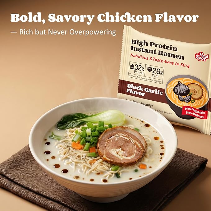 Healspot High Protein Instant Ramen, 6 Pack Non Fried Ramen Broth, 32g Plant Based Protein, Low Fat, Low Carb, Non GMO, Keto Friendly & Plant Based(Black Garlic Classic-Pork Flavor)