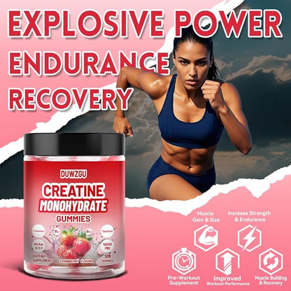 Creatine Monohydrate Gummies for Men & Women 5000mg Muscle Strength & Recovery Added Electrolytes – 128 Vegan Gummies Strawberry Flavor,The Optimal Choice for Fitness, Sports, Physical Training
