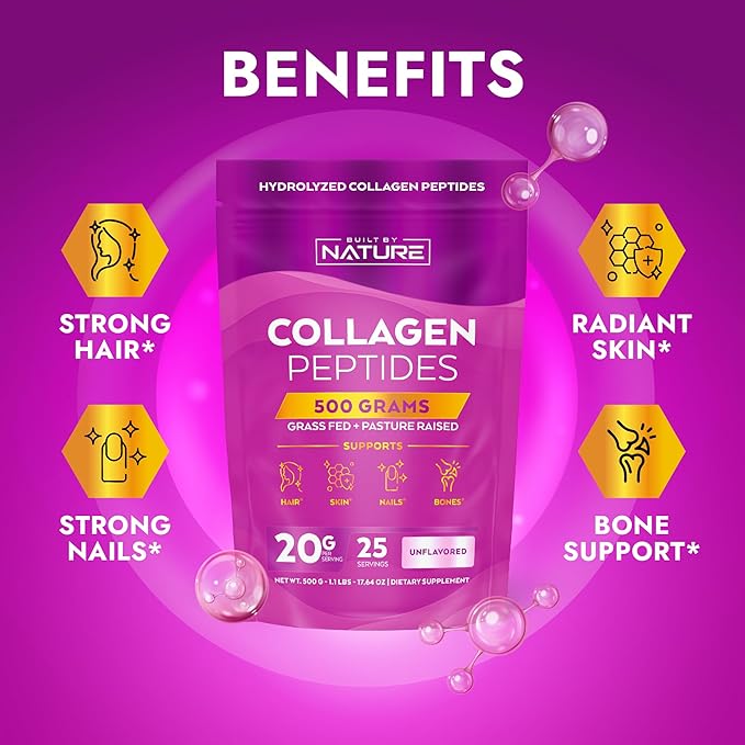 Collagen Peptides Powder - Hydrolyzed Collagen Protein for Women - Platinum Grade with No Odor or Taste, Easy Mixing - Grass Fed, Non-GMO - Hair, Skin, Nails Supplement - Unflavored, 500 Grams