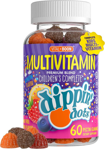 Dippin' Dots - Multivitamin Gummies for Kids Rainbow Fruit Flavor Complete Multivitamin Chewy Gummies Vitamin A, B, C, D3, E, B6, Zinc - 60 Count