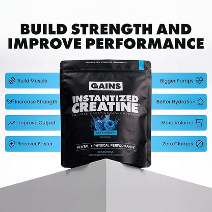 Gains in Bulk Instantized Creatine Monohydrate for Men & Women, Soluble Pre Workout Powder, Supports Muscle Building, Strength and Performance, Bodybuilding Supplements, Blue Raspberry, 30 Servings