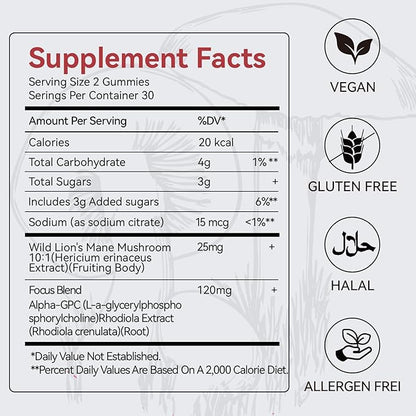 Mushroom Gummies with Lion’s Mane - Alpha Brain Gummy for Focus & Memory - Nootropic Focus Gummies with Rhodiola & Alpha-GPC – Vegan Brain Supplement, Raspberry Pomegranate Flavor, 60 Count (1)