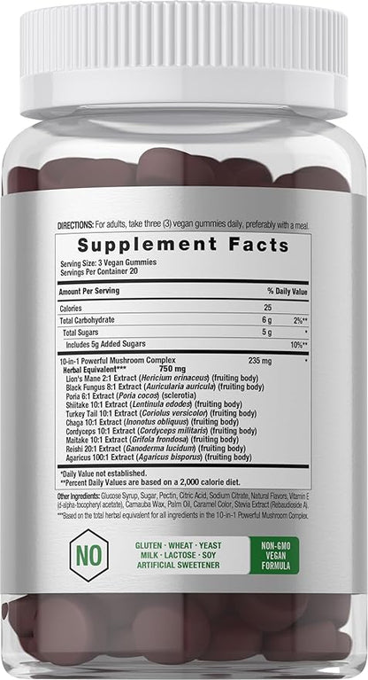 Horbaach Lions Mane Supplement | 60 Gummies | 10-in-1 Mushroom Complex | with Turkey Tail, Reishi, Cordyceps, Chaga, Maitake, and Shiitake | Blueberry Flavor | Non-GMO & Gluten Free