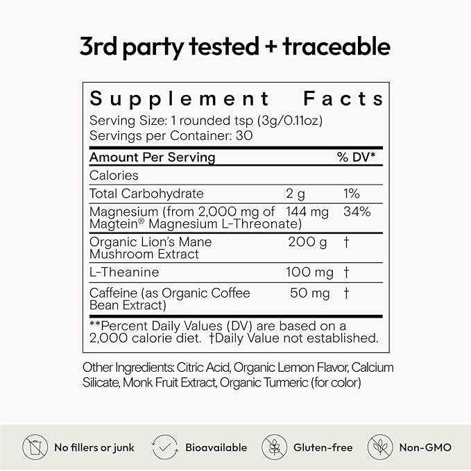 Moon Juice Neuro Magnesi-Om - Brain Support Supplement with Magnesium L-Threonate, Lion’s Mane, L-Theanine & Caffeine - Magnesium Powder for Focus & Memory - Lemon, 3.2 oz, 30 Servings