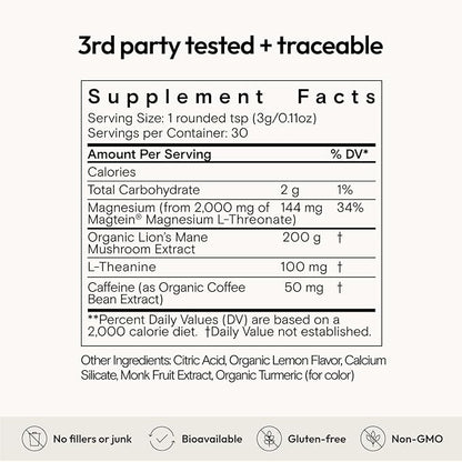 Moon Juice Neuro Magnesi-Om - Brain Support Supplement with Magnesium L-Threonate, Lion’s Mane, L-Theanine & Caffeine - Magnesium Powder for Focus & Memory - Lemon, 3.2 oz, 30 Servings