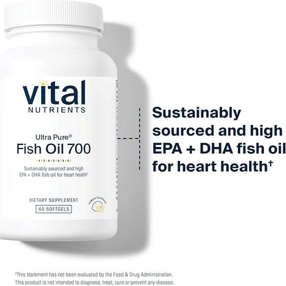 Vital Nutrients Ultra Pure Fish Oil 700 - Supports Heart, Brain, and Joint Health* - Sustainably Sourced High EPA & DHA Omega-3 Fatty Acid - Lemon Flavor - Gluten, Dairy & Soy Free - 60 Softgels
