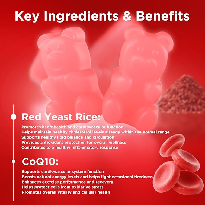 MEENCCD 2 Pack Red Yeast Rice with CoQ10 Gummies, Red Yeast Rice Supplement with Coenzyme Q10 for Overall Well-Being, Sugar Free, Vegan, Raspberry Flavor, 120 Count