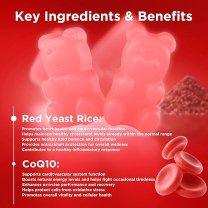 MEENCCD 2 Pack Red Yeast Rice with CoQ10 Gummies, Red Yeast Rice Supplement with Coenzyme Q10 for Overall Well-Being, Sugar Free, Vegan, Raspberry Flavor, 120 Count