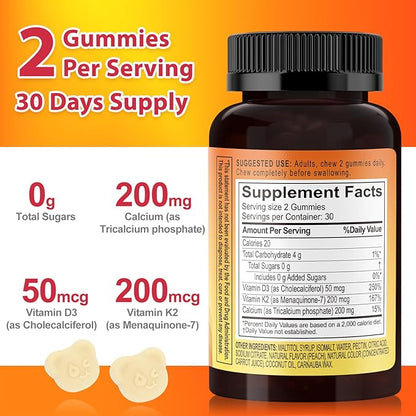 Vitamin D3 K2 Gummies with Calcium, 2000 IU D3 & 200 mcg K2 & 200 mg Calcium, Sugar Free Vitamins Supplement Supports Healthy Bone, 120 Count