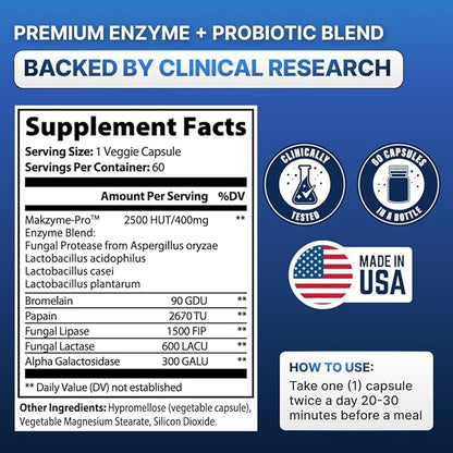 Digestive Enzymes with Probiotics – Broad Spectrum Enzyme Formula for Digestive Support, Bloating & Gas Relief, Lactase, Protease, Lipase – 60 Capsules