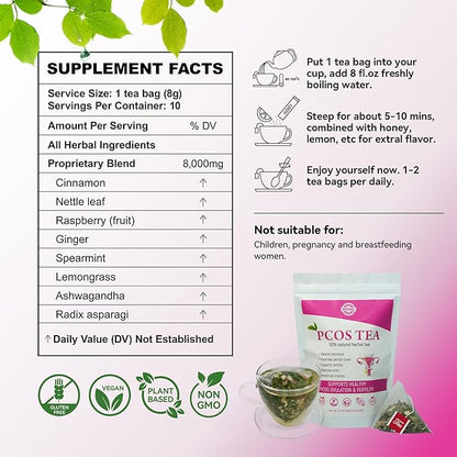Laicuherb PCOS Fertility Tea for Women, Pack of 2, Women’s PCOS Herbal Tea with Spearmint & Nettle Leaf, Smooth & Mild Flavor