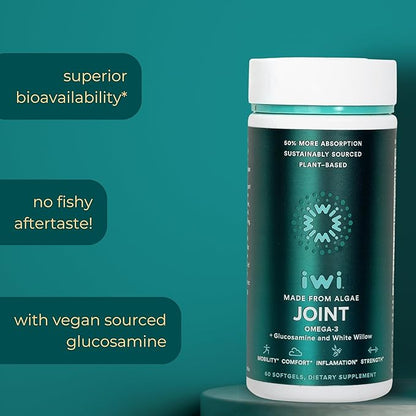 Iwi Life Joint Omega-3, 60 Softgels (30 Servings), Plant-Based Algae Omega-3 with Glucosamine, Mobility Support Dietary Supplement, Krill & Fish Oil Alternative, No Fishy Aftertaste