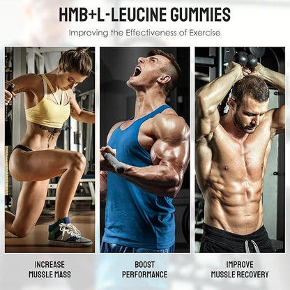 HMB and Leucine Gummies, with 3000mg HMB and L-Leucine Supplement for Muscle Recovery, Muscle Mass & Improve Endurance, for Men & Women, Non GMO, Vegan,Gluten Free, Lemon Flavor, 120 Gummies