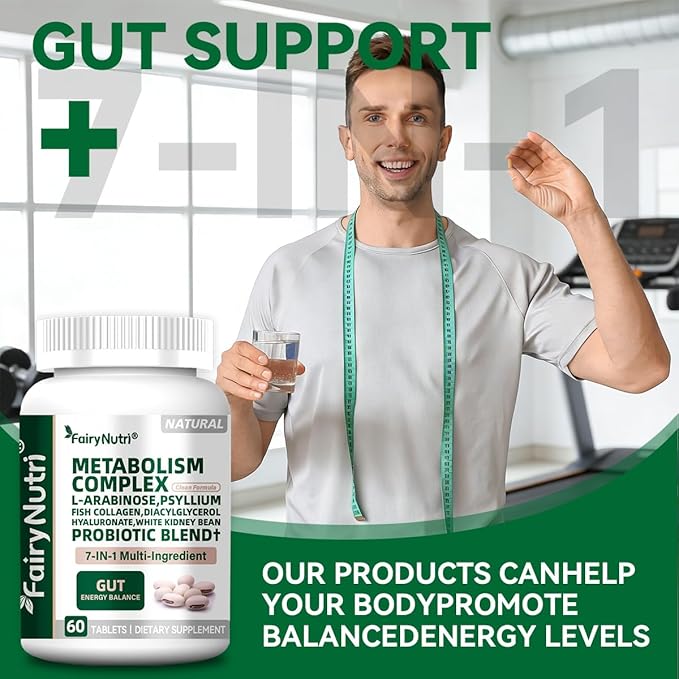 L-Arabinose 7-in-1 Metabolism Supplement | White Kidney Bean Extract, Collagen & Probiotics | Carb Block, Gut Balance & Skin Glow Support | cGMP & NSF - 60 Tablets