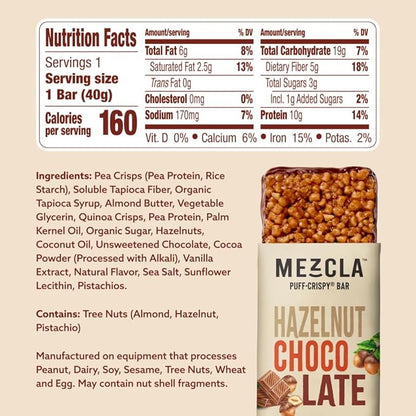 Mezcla Puff-Crispy Plant Based Protein Bars - Hazelnut Chocolate - Healthy Snacks for Adults & Hazelnut Spread Fans - School & Office Snacks - Gluten Free, Vegan, Non GMO, 10g Protein - 12 Count