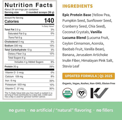 Sprout Living Epic Protein, Plant Based Protein & Superfoods Powder, Vanilla Lucuma Powder | 20 Grams Organic Protein Powder, Vegan, Non Dairy, Non-GMO, Gluten Free, Low Sugar (2 Pound, 24 Servings)