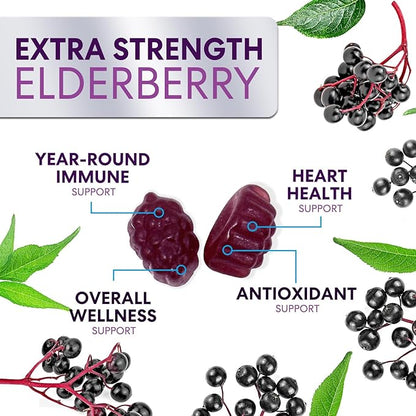 Elderberry Gummies - Black Elderberry Extract Immune Support Gummy with Vitamin C, D3 and Zinc - Sambucus Immune Health Support Supplement for Kids & Adults, Black Elder Berry Vitamins - 120 Gummies