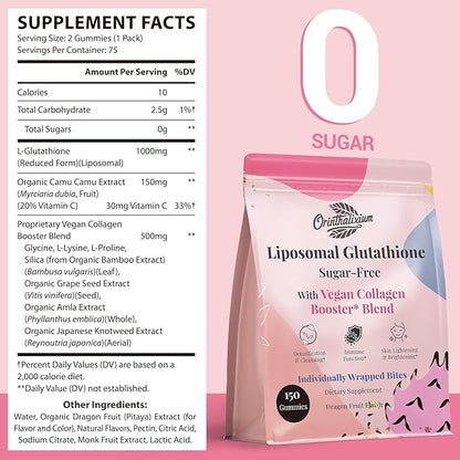 Orinthalixium Liposomal Glutathione Gummies 1000MG - Sugar Free Reduced L-Glutathione with Vitamin C & Vegan Collagen - Antioxidant & Skin Wellness - 150 Count