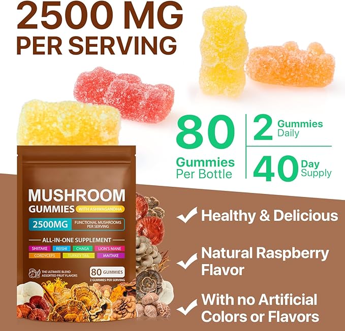 Mushroom Gummies for Adults,10x Mushroom Supplement,Energy, Focus, Mood & Cognitive Support,Vegan, Immune, Brain Support & Chill Mushroom Complex Gummy,80 Gummies