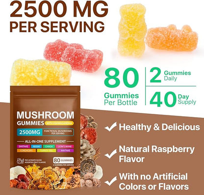Mushroom Gummies for Adults,10x Mushroom Supplement,Energy, Focus, Mood & Cognitive Support,Vegan, Immune, Brain Support & Chill Mushroom Complex Gummy,80 Gummies