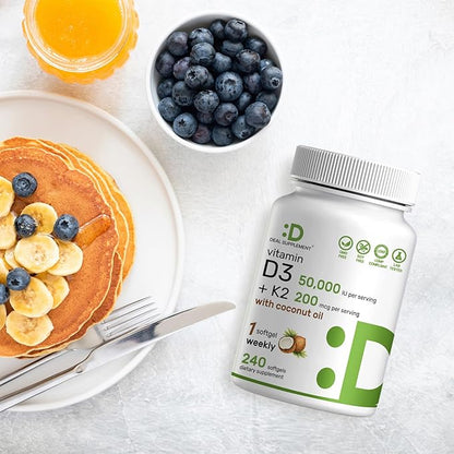 DEAL SUPPLEMENT Vitamin D3 50,000 IU + K2 MK7 200mcg Softgels, 240 Count | 2-in-1 Complex with Virgin Coconut Oil | Supports Heart, Bone, Teeth & Immune Health | Easy to Swallow