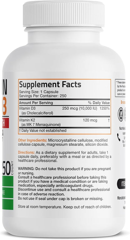 Bronson Vitamin K2 (MK7) with D3 Extra Strength Supplement Bone and Heart Health Non-GMO Formula 10,000 IU Vitamin D3 & 120 mcg Vitamin K2 MK-7 Easy to Swallow Vitamin D & K, 250 Capsules