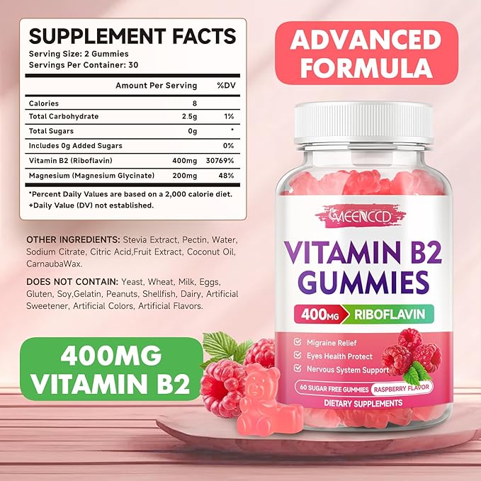 MEENCCD Vitamin B2 Gummies Riboflavin 400mg Supplement with Magnesium for Kids & Adults, B2 Gummies for Migraine Relief & Nervous System Support, Vegan, Sugar-Free, Raspberry Flavor, 60 Count