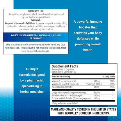 6 in 1 Immune Support 120 Capsules with Powerful Blend of Elderberry, Echinacea, Ginger, Vitamin C 650mg, Vitamin D3 5000 IU & Zinc Picolinate 30mg- Immune Booster Supplement for Adults and Kids