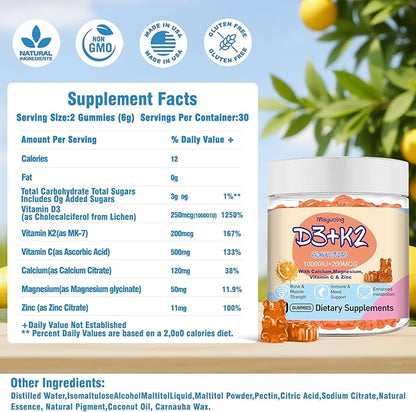 Vitamin D3 K2 Gummies,Vitamin D3 10000 IU with K2 200mcg,VitaminC,Calcium,Magnesium,Zinc,Support for Bones,Joints,Muscles,Nerves,and Immune System (60,Orange,Sugar-Free)