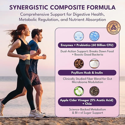 Fiber Gummies for Adults - Sugar Free Fiber Supplement 7g All in 1, Probiotic 60 Billion CFU & Prebiotic with Digestive Enzymes, Inulin, Psyllium, Vitamin, Support for Gut & Digestive Health, 90 Ct