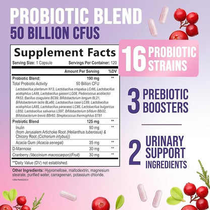 Probiotics for Women - 50 Billion CFU Per Serving - 16 Feminine Health Vag Strains - Prebiotic for Vaginal PH Balance, Urinary UT Health, Women's Probiotic - Shelf Stable - USA Bottled - 120 Capsules